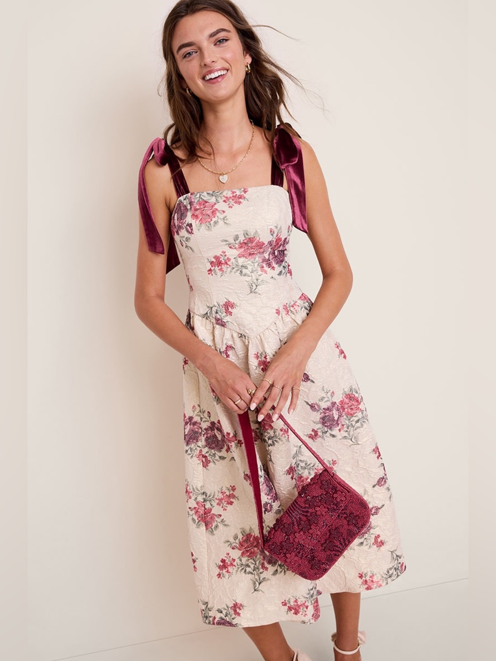 Francesca's Burgundy Ties Stripe Floral Midi Dress Size Medium New